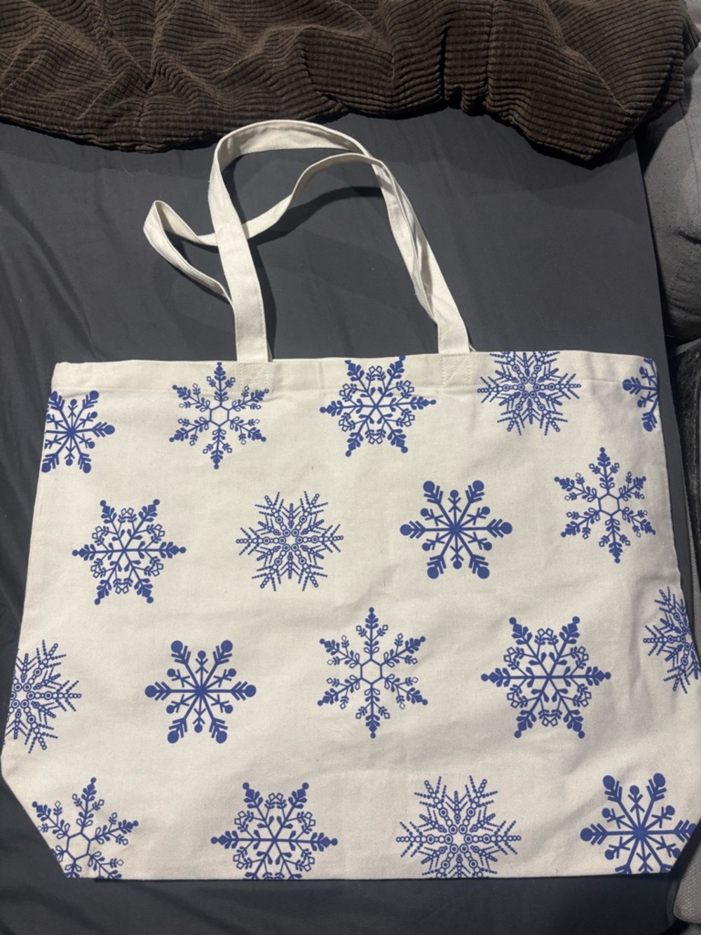 Canvas Tote with Blue Snowflake Print
